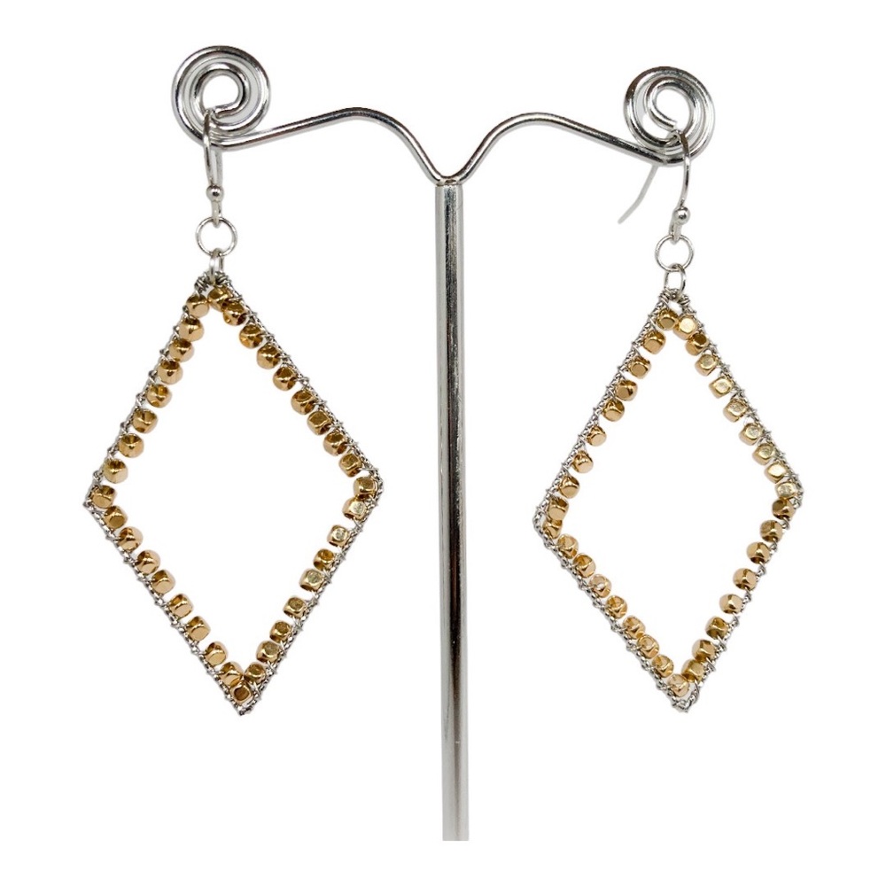Silver Dangle Diamond Shape Earrings with Gold Beads